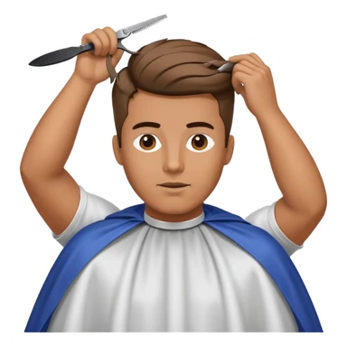 a man with a large face, wearing a barber cape, having his hair cut with scissors above his head sticker