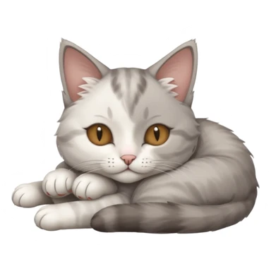grey and white small cat with its eyes closed lying down with his head leaning on his paw sticker