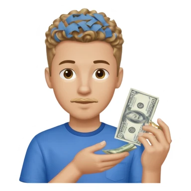 Boy dark blond curls with taperfade , clean goate is making a moneyspread with left hand sticker