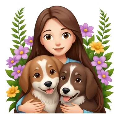 A beautiful girl with long straight hair happily hugs an Alaskan dog in the flowers sticker