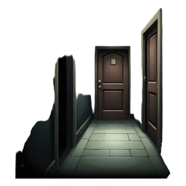 An icon showing a dark, eerie environment with ominous shadows, inspired by horror games like Resident Evil. The design includes a dimly lit corridor, a creepy door slightly ajar, and a silhouette lurking in the background. A sense of suspense and fear is conveyed. Transparent background. sticker