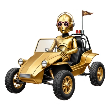 Old American West tarnished neon underglow C-3PO bounty hunter 1964 delicately ornate rosegold accents painted dune buggy buckboard powered by electric motors and batteries with safety and belts flying rapidly roughening terrain stable on strong agile advanced suspension and steering sticker