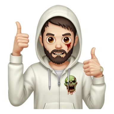 zombie with thumbs up gesture wearing white hoodie, with dark brown hair and short full beard sticker