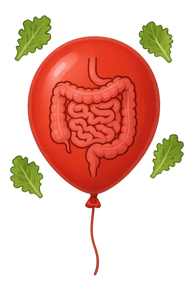 intestino chiuso in un palloncino rosso e foglie di insalata che fluttuano intorno sticker