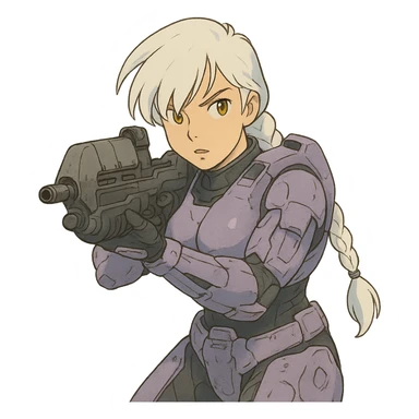 female, wearing reach spartan armor shoulder-unequip, long white braid hair with massive messy front side single bangs, gold yellow eyes, attention pose, HALO:series, no helmet, the armor is lavender color scheme, shoulder pad off. DDD bust size fitting. ,  aiming a classic HALO1 AR, tactical, lean sticker
