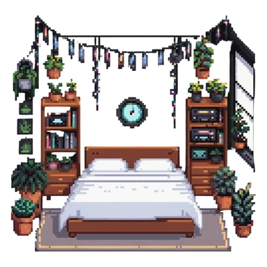 indie bedroom with fairy lights, plants and vinyl records sticker