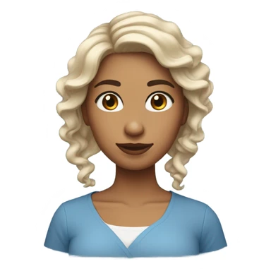 una chica de cabello rizado, de tes clara y ojos de color café, con una camisa azul sticker