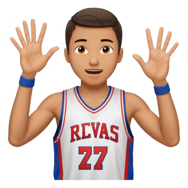Maverick Trevillian in the crowd at an amateur basketball game. He leans towards the camera and enthusiastically shouts "six seven while performing a distinctive hand gesture: both hands open, palms facing upward, moving up and down as if weighing two options. sticker