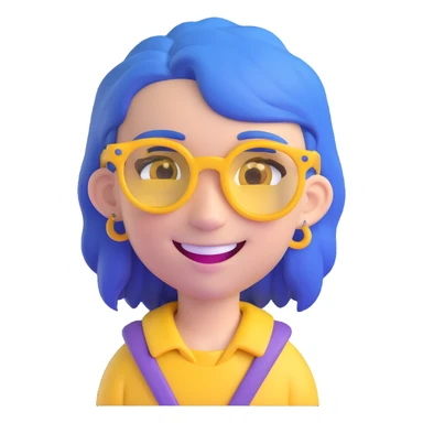 Create an individual memoji of a character with purple skin, blue hair, wearing yellow glasses, smiling, in a 3D cartoon style similar to the reference image. sticker