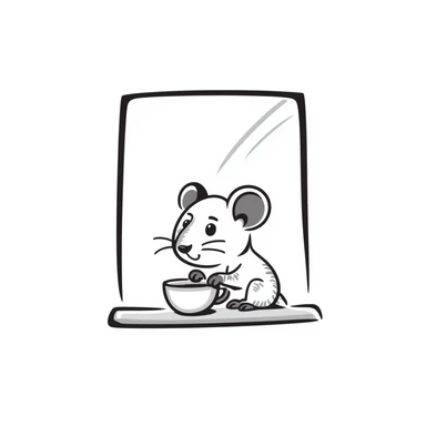 Hand-drawn mouse sitting by the window with a teacup sticker