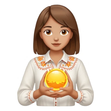 A young Ukrainian girl with brown hair wearing a white embroidered shirt holds the sun in her hands sticker