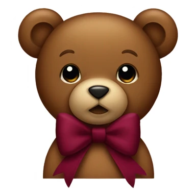 a burgundy teddy bear with a bow sticker