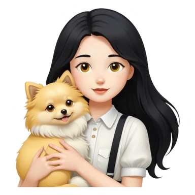 A girl with fair skin, long black hair, white suspenders, hugging a yellow long-haired Pomeranian sticker