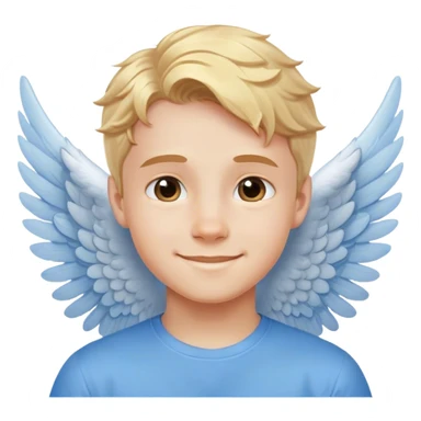 smiling boy in blue shirt with angel wings sticker