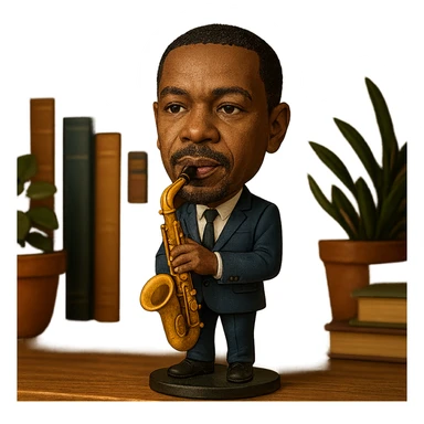 illustration of a jazz musician with a saxophone in bobblehead style sticker