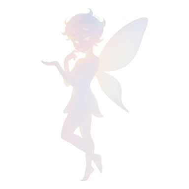 delicate figure with a soft glow, playful mischief in the eyes, and an enchanting aura, in a minimalist silhouette with pastel colors sticker