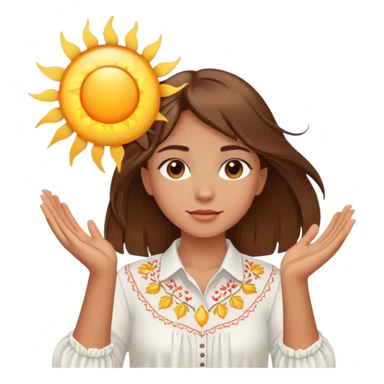 A young Ukrainian girl with brown hair wearing a white embroidered shirt holds the sun in her hands sticker