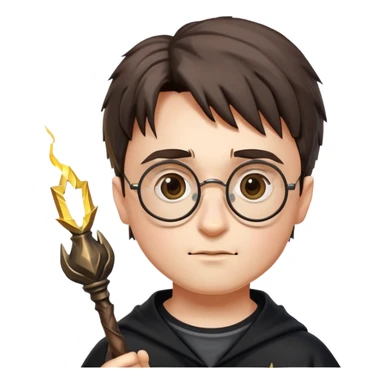 Harry Potter with round glasses, lightning scar, and wand sticker