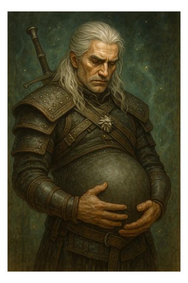 Geralt of Rivia holding his pregnant belly, detailed fantasy illustration, silver hair, medieval armor, serious expression, magical atmosphere sticker