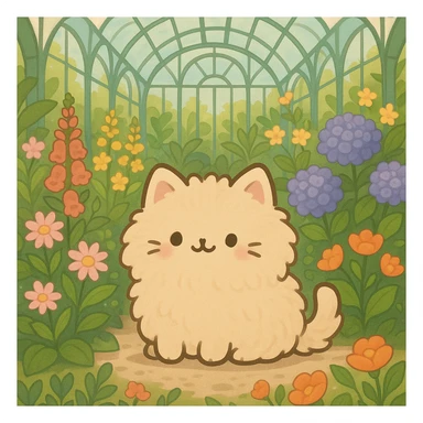 pusheen-style fluffy blonde kitten in a botanical garden greenhouse filled with flowers sticker