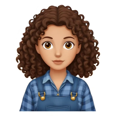 white girl with dark brown curly hair, brown eyes, wearing farm clothes sticker