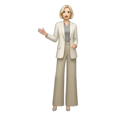 Full height Actively gesturing with hands pale skin woman with ash blonde Straightened bob Hair, White Spacious classical jacket, beige palazzo Arrow pants and gray blouse sticker
