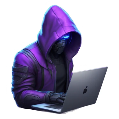Side view developer behind his laptop with this style : crysis Cyberpunk Valorant neon glowing bright purple character purple violet black hooded assassin themed character sticker