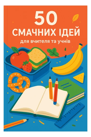 Cover of a guidebook with Ukrainian text: '50 смачних ідей для вчителя та учнів'. Modern style, composition with a book, food, and school supplies, bright colors, positive mood. sticker