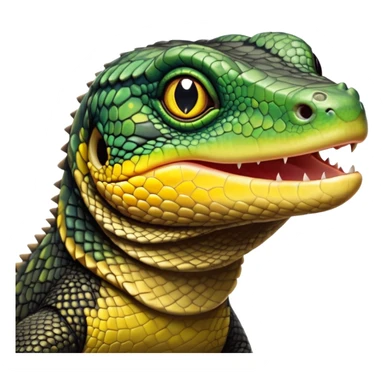 cinematic-realistic-cute-monitor-lizard-portrait-emoji,-head-tilted-playfully-and-inquisitively,-featuring-a-compact,-agile-body-with-finely-detailed,-glossy-scales-in-earthy-black and yellow-hues-and-a-distinct,-alert-face-with-bright,-curious-eyes, black , yellow spotted and green band  scales sticker
