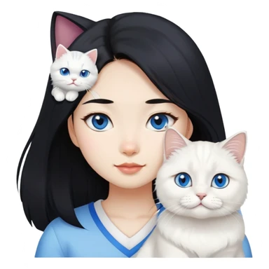 black hair Asiangirl with White British longhair cat blue eyes  sticker