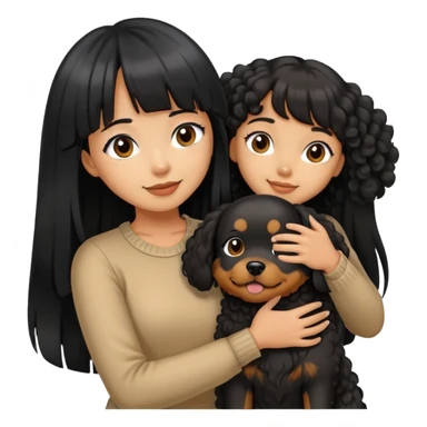 A beautiful girl with long black straight hair and bangs hugs a curly-haired dog sticker