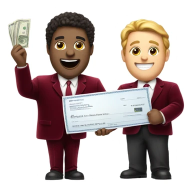 fat guy in dark red velvet suit holding cheque sticker