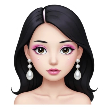 asian long black hair silver grey eyes glossy lips glittery white and pink eyeshadow girl pearl earrings sticker
