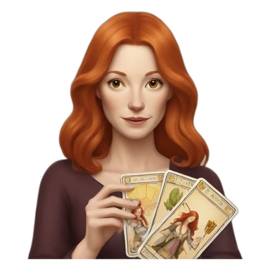 redhead white woman medium long straight hair, holding a tarot card in her hand sticker