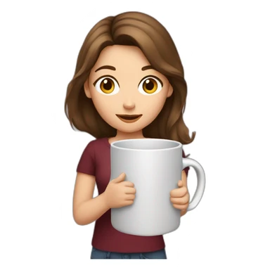 girl with brown hair, burgundy shirt with a large mug in her hand sticker