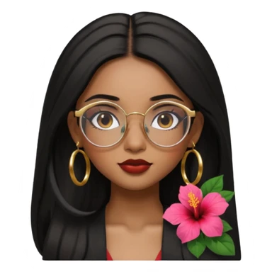 beautiful sexy brown girl with glasses, aesthetic, straight black long hair with side part, hibiscus in hair, gold hoop earrings, simple, beautiful, seductive, pretty, apple memoji style sticker