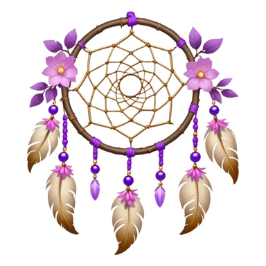A white-birch-framed Dreamcatcher. with purple-round-orbs, gold-rings hanging down. purple flowers, pink sakura flowers, sticker