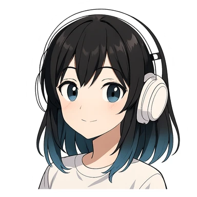 girl with medium black hair with blue tips wearing white headset, anime style sticker