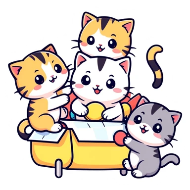 ten cute kittens playing with a doll, cartoonish sticker style sticker