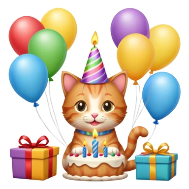 Ginger tabby kitten celebrates birthday, birthday hat, birthday cake, one candle, balloons, happy, gifts sticker