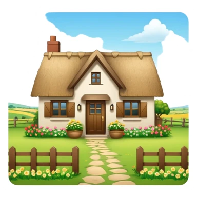 A countryside cottage with a thatched roof, wooden door, flowers around the house, green fields, peaceful rural scenery, natural lighting, detailed and realistic sticker