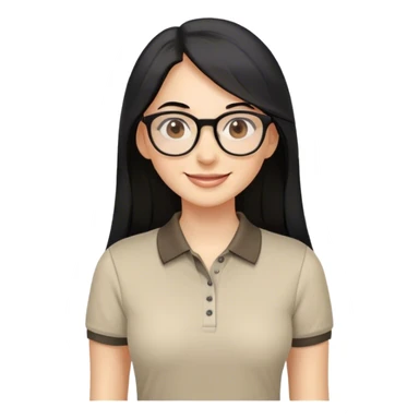 female teacher, long black hair with some grey, wearing round eyeglasses. Brown eyes. Wearing a polo shirt. Smiling sticker
