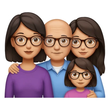 Papà calvo con occhiali, mamma capelli neri occhi marroni no occhiali, figlia capelli marroni mossi e occhiali tartarugati con montatura spessa occhi marroni, figlia capelli lisci marroni occhiali neri con montatura grande e fina occhi marroni  sticker