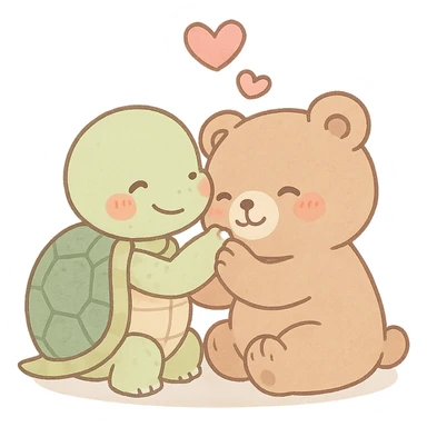 cute anime turtle and bear showing love, cute style, detailed, soft colors sticker