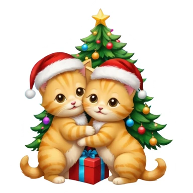 2 hazel eyed cute hugging happy fluffy gold kittens with Santa hats by a colorful multicolored brightly lit up Christmas trees sticker