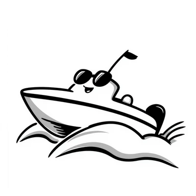 A hand-drawn speedboat with sunglasses and a cool grinning face sticker