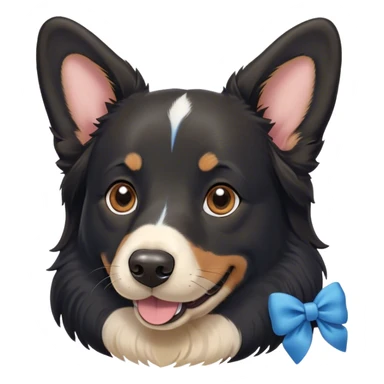 Black, flat-coated retriever, smooth fur with subtly fluffy ears, smiling face, blue bow around the neck, brown eyes. Corgi face behind black dog sticker