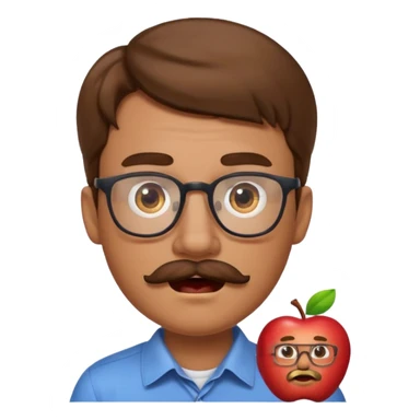 2D apple emoji style man with light skin, brown hair, mustache, glasses, surprised expression sticker