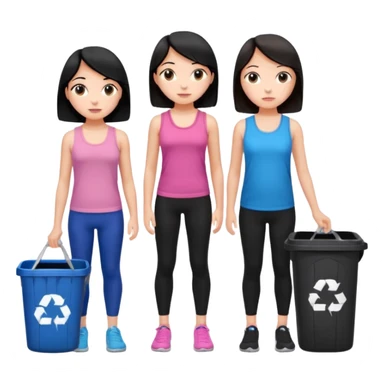generate a genmoji of a black haired girl in a pink tank top and black leggings holding a black trash bag. Standing with her is a brunette girl in a similar blue tank top and black leggings.
Standing in front of a dustbin sticker