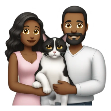 Family photo a fat husband with a beard is holding a white cat and wife with straight hair is holding a black cat sticker